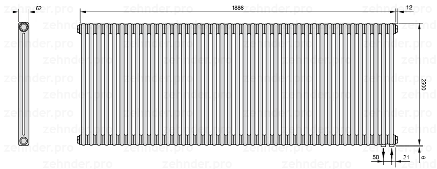 Схема (чертеж) Радиатор Zehnder Charleston 2250/41 №5510 Белый глянцевый RAL 9016